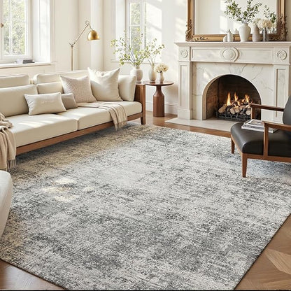 Area Rug 9x12 Washable Rug Light Grey for Living Room, Dining Room, Bedroom, Large Carpets, Non Slip & Non-Shedding Low Pile Vintage Print Rug for Home Office Decor