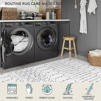 Lahome Moroccan 9x12 Washable Area Rug - Non-Slip Washable Ultra-Thin Soft Large Rug for Living Room, Modern Geometric Print Stain Resistant Carpet for Bedroom Dining Room, White