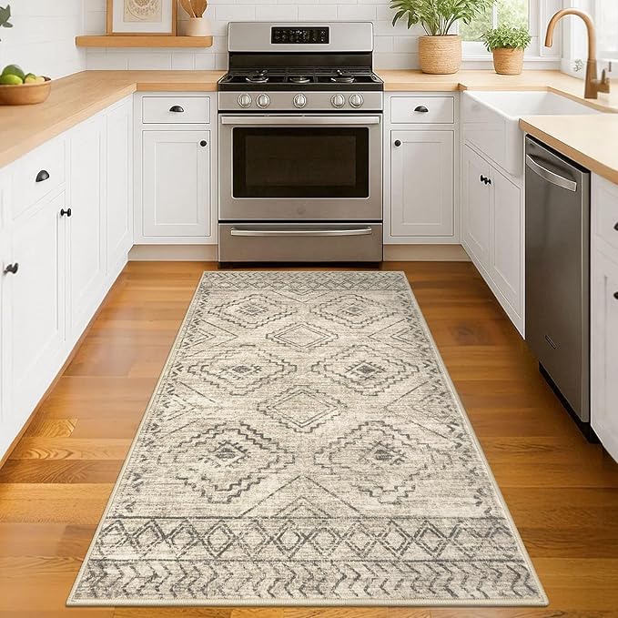 KILOCOCO Boho Entryway Rug 3x5 Area Rug Washable Non Slip Throw Rugs Soft for Kitchen Living Room Dining Bedroom Geometric Moroccan Carpet, Beige/Gray/Green