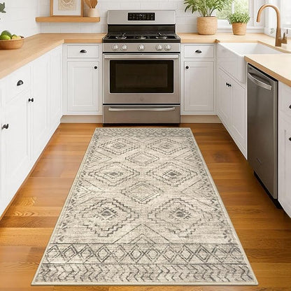 KILOCOCO Boho Entryway Rug 3x5 Area Rug Washable Non Slip Throw Rugs Soft for Kitchen Living Room Dining Bedroom Geometric Moroccan Carpet, Beige/Gray/Green