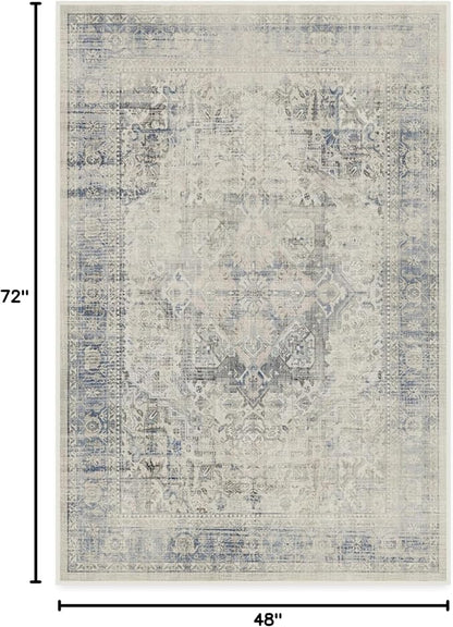 RUGGABLE Washable Vintage Area Rug – Kamran Blue Quartz 4x6, Stain-Resistant, Non-Slip – Medium Machine Washable Rugs for Living Room, Bedroom, Hallway, Entryway & Office–with Cushioned Pad
