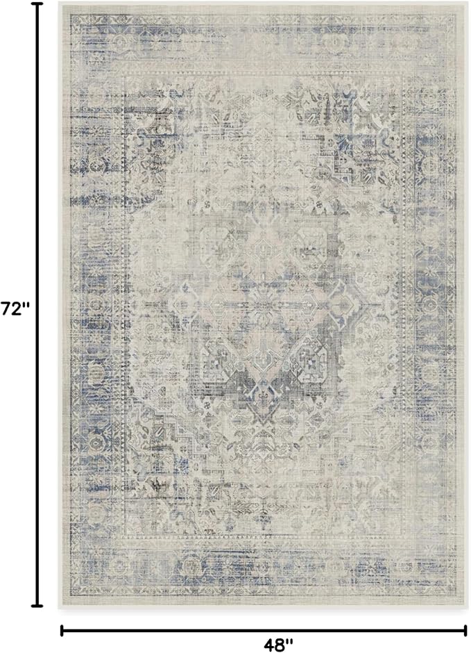 RUGGABLE Washable Vintage Area Rug – Kamran Blue Quartz 4x6, Stain-Resistant, Non-Slip – Medium Machine Washable Rugs for Living Room, Bedroom, Hallway, Entryway & Office–with Standard Pad