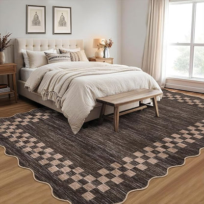 GarveeHome Area Rug 6x9 Large Living Room Modern Border Throw Rug with Rubber Backing Stain Resistant Dining Room Throw Carpet Washable Scalloped Rug for Bedroom Home Decor Office, Brown