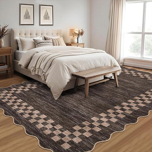 GarveeHome Area Rug 6x9 Large Living Room Modern Border Throw Rug with Rubber Backing Stain Resistant Dining Room Throw Carpet Washable Scalloped Rug for Bedroom Home Decor Office, Brown