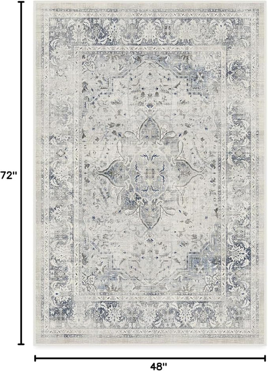 RUGGABLE Washable Vintage Area Rug – Sarrah Blue Quartz 4x6, Stain-Resistant, Non-Slip – Medium Machine Washable Rugs for Living Room, Bedroom, Hallway, Entryway & Office–with Cushioned Pad