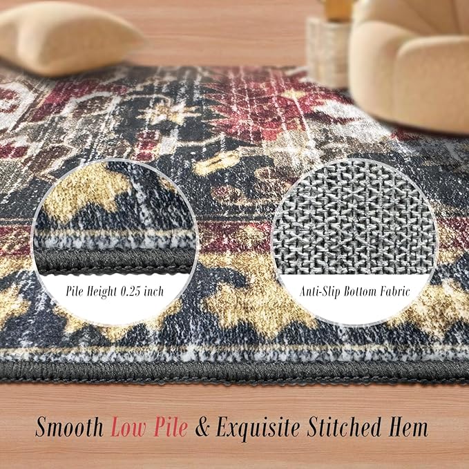 RUGSURE Washable Area Rugs - Perfect for Living Room, Bedroom, Kids Room, Nursery - Stain & Water Resistant Non-Slip, Pet & Child Friendly, Vintage Tribal Area Rugs (Rust, 5' x 7')