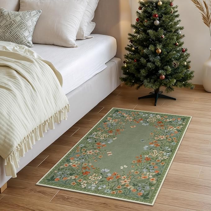Wonnitar 2x3 Boho Bathroom Rugs Non Slip Washable Kitchen Rug, Green Floral Small Area Rugs for Entryway, Low Pile Soft Door Mat Indoor Entrance Throw Carpet for Bedside Laundry Room (Green,2'x3')