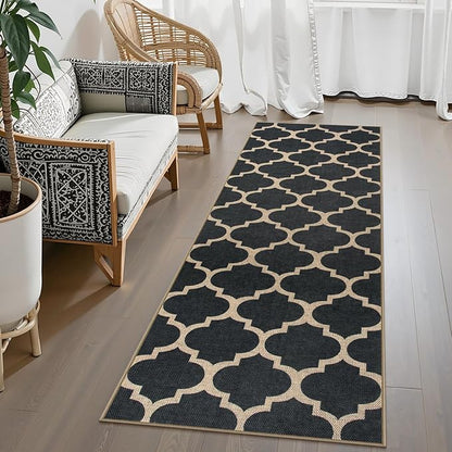 Lahome Moroccan Easy Jute Runner Rug, Black Washable Runner Rugs for Outdoor Porch Hallway, Geometric Trellis Woven Long Carpet for Doorway, Thin Non Slip Outdoor Decor, 2'6'' x 8'