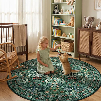 6' Round Area Rug - Floral Vintage Forest Washable Low Pile Non-Slip Carpet for Living Room, Bedroom, Dining Room, Office (Dark Green)