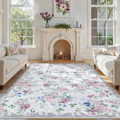 Lahome Vintage Floral 8x10 Rugs for Living Room,Large Boho Washable Rugs,Low Pile Bedroom Rug 8x10 Under Bed Carpet for Nursery Playroom Dining Room (Purple/Grey)