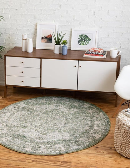 Unique Loom Isabella Collection Area Rug - Adjani (5' 1" Round, Green/ Ivory)