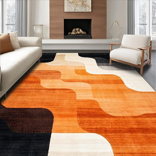 Flatwoven High Traffic Area Rug 5x7, Copper Black Burnt Orange Abstract Indoor Floor, Non Slip, Stain Resistant, Washable Area Rugs for Living Room, Bedroom (Beige, 5x7)