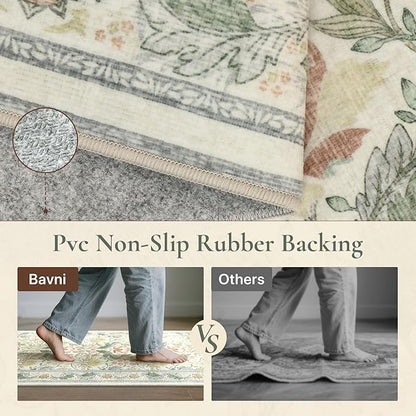 Bavni 5x7 Area Rugs for Living Room, Microfiber Machine Washable Non-Slip Vintage Floral Rug, Low Pile Lightweight Carpet for Bedroom, Dining Room, Home Office, Beige&Green