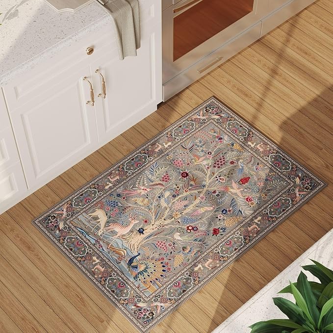 Rugcomf Indoor Door Mat 2x3 Rug Vibrant Tree of Life-Patterned Vintage Machine Washable Small Area Rug Non-Slip Low Pile Throw Rugs for Entryway Kitchen Front Door Entrance Entry Kids Room, Grey