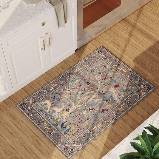 Rugcomf Indoor Door Mat 2x3 Rug Vibrant Tree of Life-Patterned Vintage Machine Washable Small Area Rug Non-Slip Low Pile Throw Rugs for Entryway Kitchen Front Door Entrance Entry Kids Room, Grey
