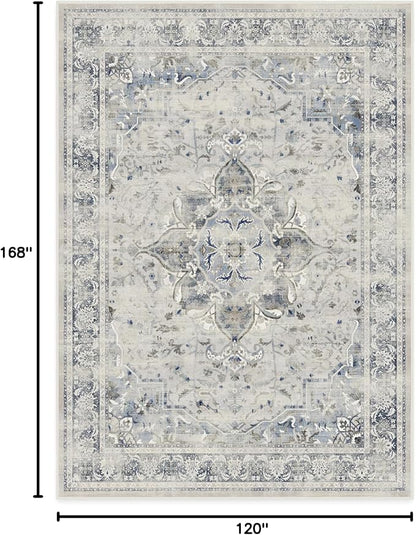 RUGGABLE Washable Vintage Area Rug – Sarrah Blue Quartz 10x14, Stain-Resistant, Non-Slip – Large Machine Washable Rugs for Living Room, Bedroom, Hallway, Entryway & Office–with Cushioned Pad