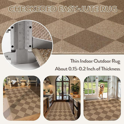 Lahome Checkered Easy Jute Indoor Outdoor Rug, 3x5 Washable Nature Rug for Entryway Living Room Indoor, Farmhouse Non Slip Checkerboard Carpet for Entry Guestroom Deck