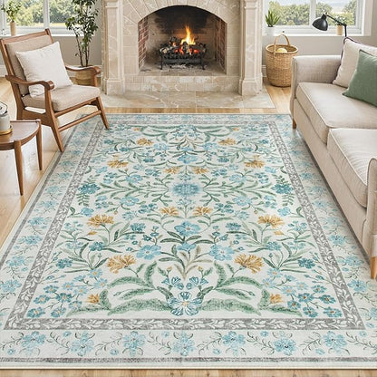 Lahome Light Blue Bedroom Rug 8x10 Under Bed, Boho Washable Rugs for Living Room Nursery, Soft Wool Vintage Low Pile Carpet for Dining Room Girls