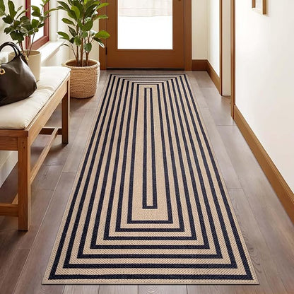 Tangsoo Easy Jute Rug 2x6 Washable Runner Rug for Hallways,Non-Slip Black Geometric Thin Outdoor Rug,Modern Farmhouse Carpet for Porch Laundry Bedroom Living Room Entryway