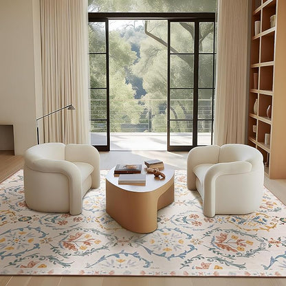 Phantoscope Washable Area Rug 9'x12' Non-Slip, Vintage Floral Boho Rugs for Living Room, Bedroom, DiningRoom, Soft Botanical Moroccan Pattern, Low-Pile Foldable Floor Carpet, Ivory Pink/Boho Garden