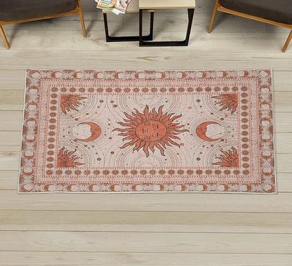 Ambesonne Sun and Moon Decorative Rug, Bohemian Artwork Design of Crescent Solar Ornament Esoteric Stars Ornaments, Quality Carpet for Bedroom Dorm and Living Room, 2' 2" x 3' 7", Burnt Sienna