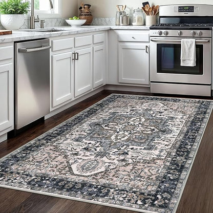 KOZYFLY Area Rug 4x6 Ft Washable Rugs for Entryway Non Slip Faux Wool Printed Throw Rug for Kitchen Bedroom Hallway Living Room Indoor Floor Decoration, Black/Taupe/Beige