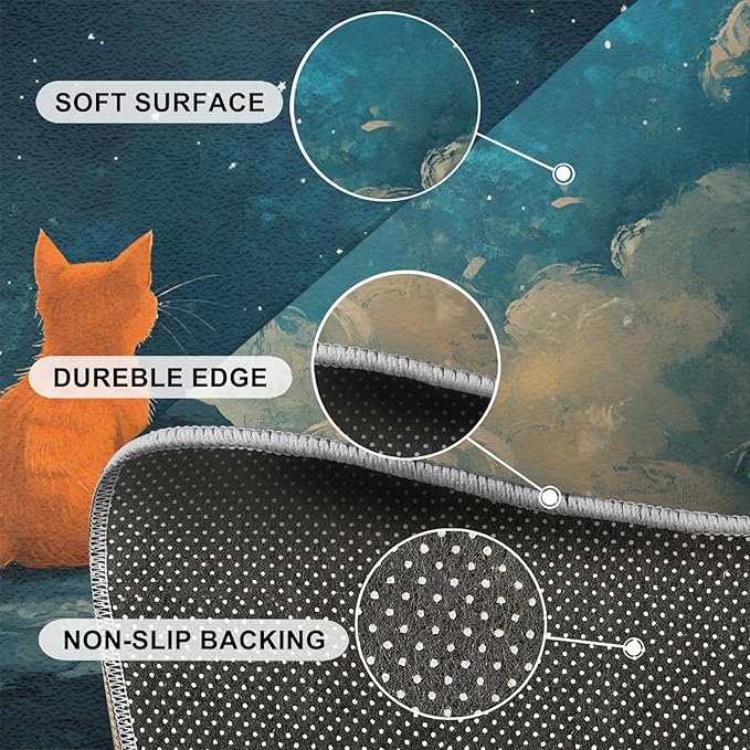 Orange Cat Rugs for Bedroom - 6x8 Area Rug - Cartoon Starry Sky Rugs for Living Room, 3D Cute Cat Rug, Non-Slip Washable Home Decor Carpet