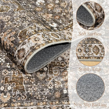 6x9 Washable Rug Vintage Fade Resistant Boho Distressed Non-Slip Indoor Large Carpet Low Pile Lightweight & High-Traffic Safe for Bedroom, Dorm, Playroom - Farmhouse Decor