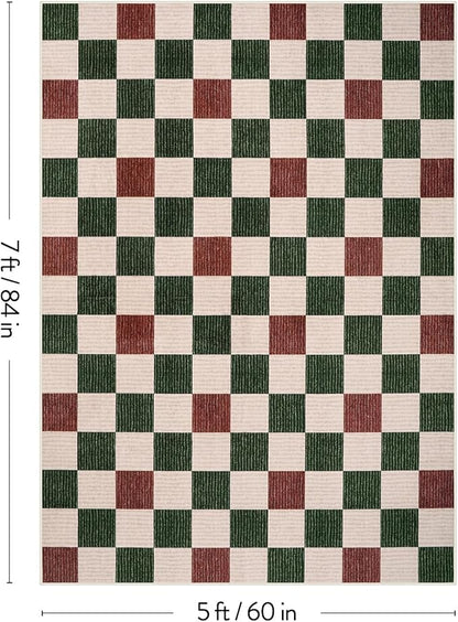 Machine Washable 5x7 Area Rugs for Living Room Clearance Checkered, Non Slip Low Pile Farmhouse Modern Neutral Playroom Boys Rugs for Bedroom, Carpet Rugs for Dining Room(Red,5'x7')