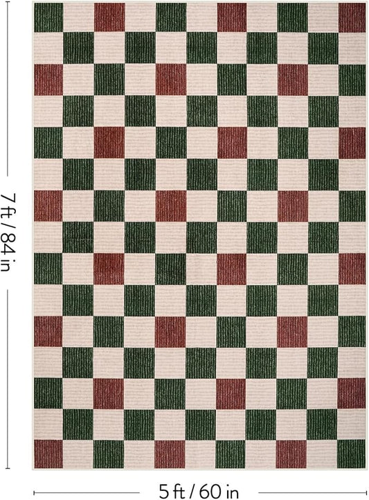 Machine Washable 5x7 Area Rugs for Living Room Clearance Checkered, Non Slip Low Pile Farmhouse Modern Neutral Playroom Boys Rugs for Bedroom, Carpet Rugs for Dining Room(Red,5'x7')