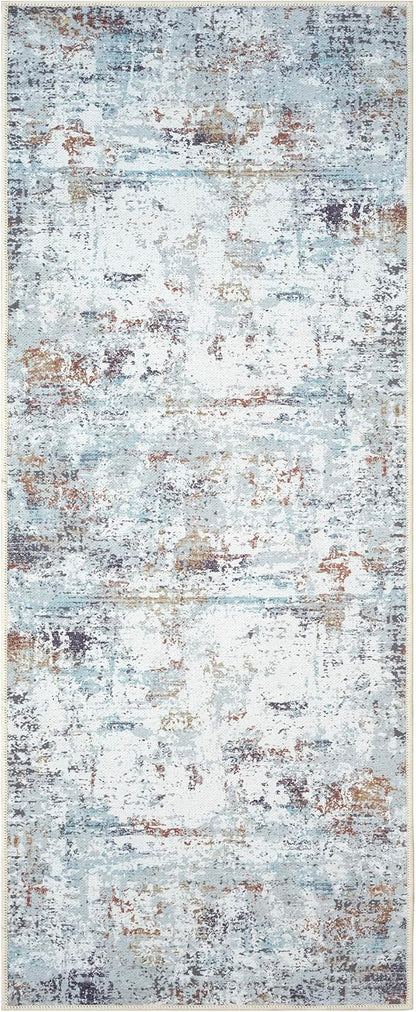 GLN Rugs Contemporary Collection - Machine Washable Area Rug, Contemporary Washable, Non Slip, Low Pile Chenille Rug, Living Room, Bedroom, Kitchen Rug (2'6" x 10' White/Grey/Blue/Brown)