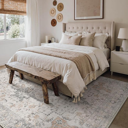 GENIMO 6x8 Area Rugs for Living Room, Non Slip Machine Washable Vintage Rugs, Low Pile Lightweight Chenille Print Large Rug for Bedroom, Dining Room, Home Office, Light Taupe Brown
