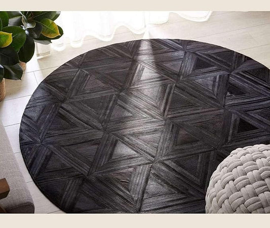 Black Round Rug 9x9 ft – Soft Anti-Slip Modern Faux Leather Area Carpet with Textured Geometric Pattern Rug for Living Room, Bedroom, Dining, Kids Room, Playroom, Lounge & Home Decor