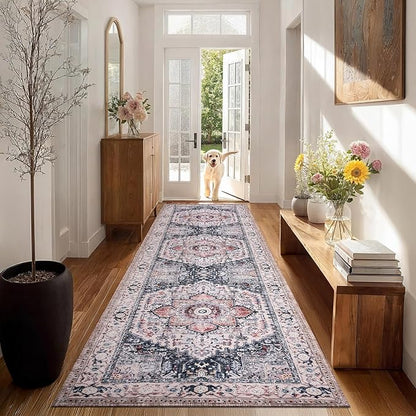 PURRUGS Vintage Farmhouse Boho Runner Rug 2'6" x 8', Non-Slip Machine Washable Rug, Accent Area Rug for Kitchen, Hallway, Entryway, Bedroom, Living Room and Dining Room, Coral Red/Marine Blue