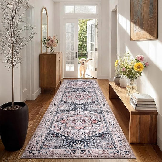 PURRUGS Vintage Farmhouse Boho Runner Rug 2'6" x 8', Non-Slip Machine Washable Rug, Accent Area Rug for Kitchen, Hallway, Entryway, Bedroom, Living Room and Dining Room, Coral Red/Marine Blue