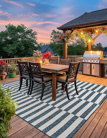 Unique Loom Outdoor Striped Collection Area Rug - Striped (6' 1" Square Blue/Ivory)