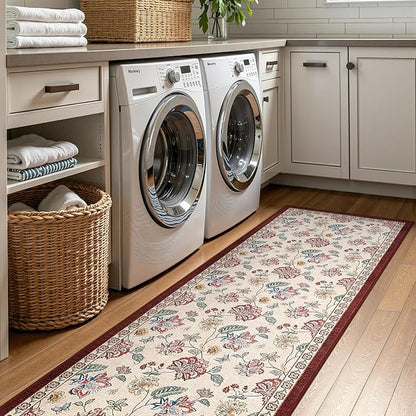 jinchan Elora 3x10 Floral Runner Rug for Hallway Washable Kitchen Runner Vintage Romance Design Non Slip Thin Indoor Floor Cover Low-Profile Throw Carpet for Entryway Bathroom Bedroom Porch, Red/Beige
