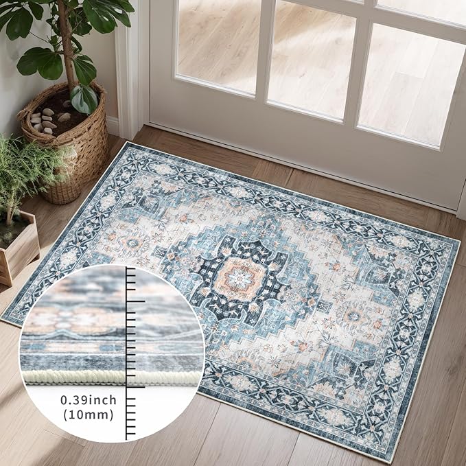 Washable 9×12 Area Rug for Living Room, Vintage Floral Rug Soft Non Slip Stain Resistant Boho Carpet for Indoor Bedroom Dinning Room Home Office Blue/Ivory