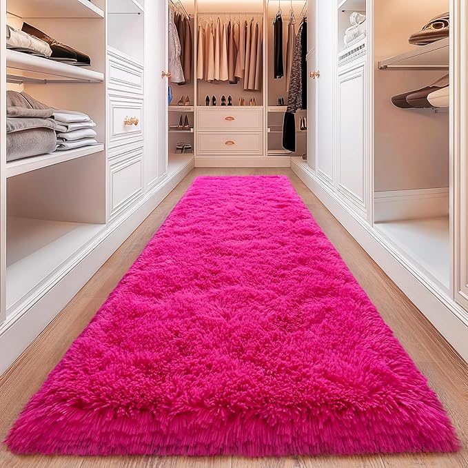 Hot Pink Runner Rug for Hallway, Bedroom Bedside Plush Rugs, Non Slip Fluffy Shaggy Carpet for Kids Home Decor, Dorm Nursery 2x6 Ft