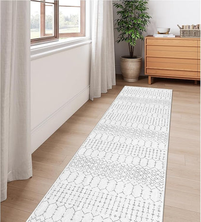 Lahome Moroccan Kitchen Runner Rugs Non Skid Washable - 2x10 Non-Slip Extra Long Rug Runner for Hallways, Modern Geometric Print White Soft Floor Carpet for Bathroom Entryway Foyer