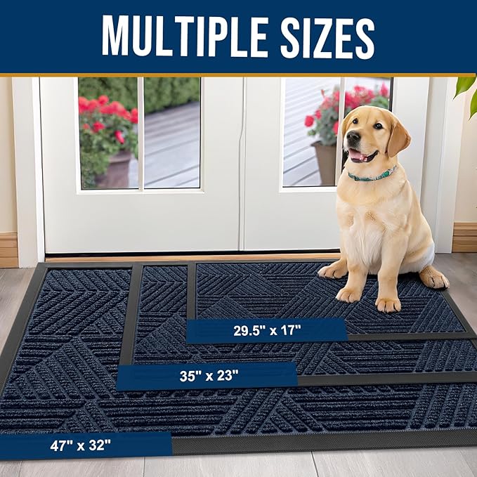 Kitinjoy Front Door Mat Outside Entrance, Sturdy Natural Dirt Trapper, Heavy Duty Rubber Doormat, Low Profile Non-Slip Backing, Easy Clean Floor Mat for Indoor Outdoor Entry, 47X32 Inch, Navy Blue