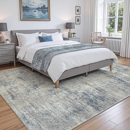 DEXI 4x6 Area Rug for Living Room, Modern Abstract Thin Washable Rug Indoor Floor, Non Slip Stain Resistant Low Pile Carpet for Dining Room Bedroom Office, Blue