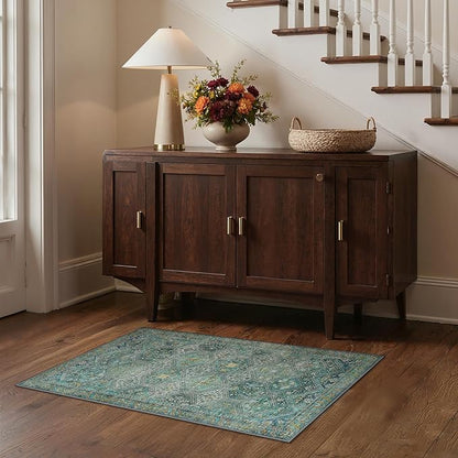 Bavni 3x5 Area Rugs for Living Room, Machine Washable Rug Non Slip, Vintage Chenille Distressed Print Carpet, Large Low Pile Ultra-Thin Lightweight Rugs for Bedroom, Dining Room, Home, Office, Cyan