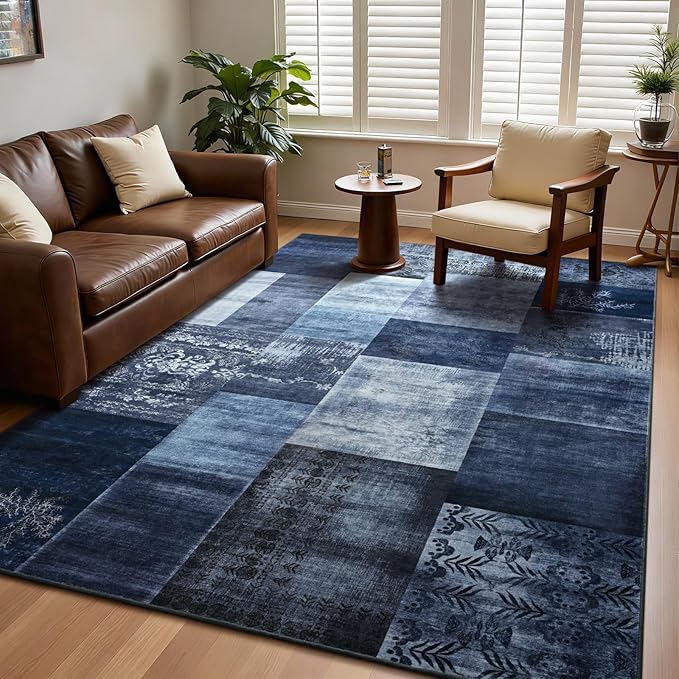 DweIke Large Modern Washable Area Rugs 8x10, Living Room Rug Non-Slip and Non-Shedding Large Rugs for Bedroom, Low Pile Indoor Rubber Backed Carpets for Dining Office Home Decor, Navy Blue
