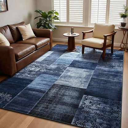 DweIke Washable Area Rugs for Living Room, 5x7 Soft Bedroom Rugs, Geometric Print Non-Slip Modern Rug, Stain Resistant Throw Carpets for Office Nursery Dining Room Home Dorm Decor, Navy Blue