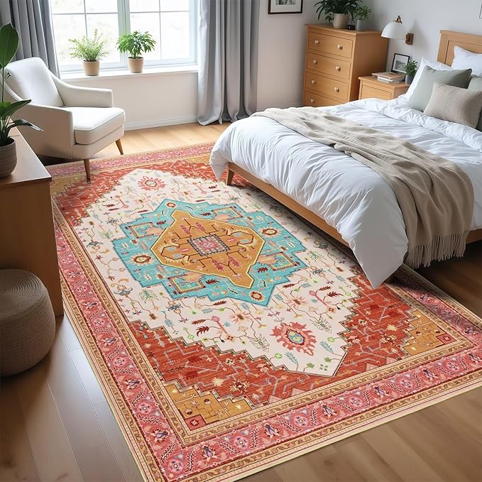 3x5 Orange Pink Area Rug for Living Room, Machine Washable Rugs with Non-Slip Backing for Bedroom, Vintage Medallion Carpet Kitchen Laundry Kids Room Decor
