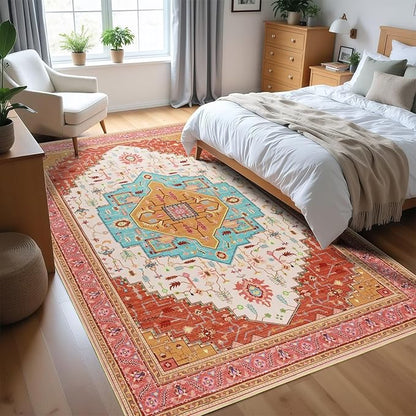 6x9 Orange Pink Area Rug for Living Room, Machine Washable Rugs with Non-Slip Backing for Bedroom, Vintage Medallion Carpet Dining Room Office Kids Room Decor