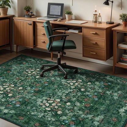 Green Boho Floral 3x5 Rugs for Large Entryway, Farmhouse Botanical Washable Area Rug for Dorm, Bedroom Bedside, Foyer, Kitchen, Laundry - Cottagecore Distressed Carpet, Low Pile Non Slip Mat