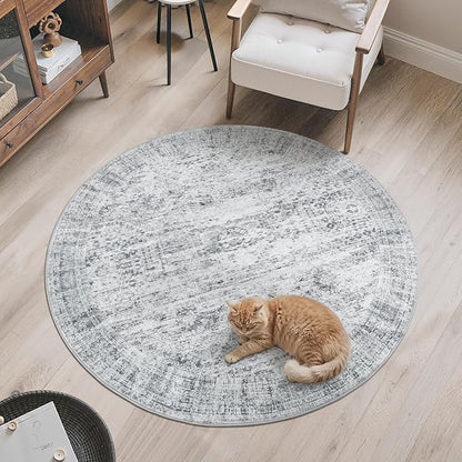 5x5 Grey Round Rug 5ft Living Room Circle Rug Vintage Gray Round Area Rug Non Slip Indoor Carpet for Entryway Dining Room Bedroom