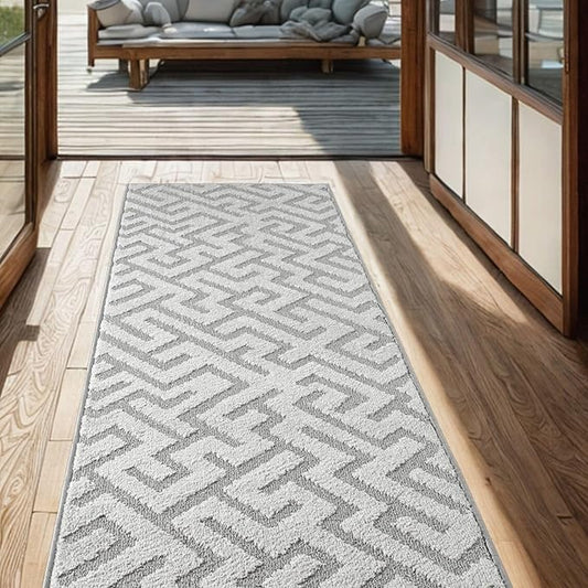 9ft Custom Cut Runner Rug for Narrow Hallways Kitchens - Deco Grey | Non-Slip | Washable & Edge Bound